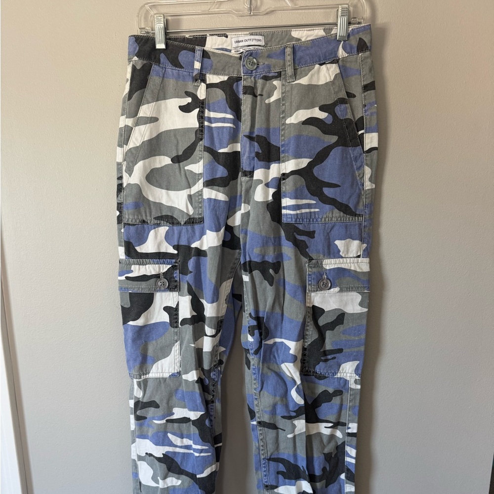 Urban Outfitters Blue Camoflauge Pants US Womens Size 4 straight Leg Tie ankle